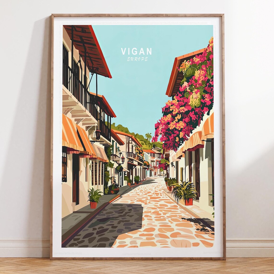 Vigan Colonial Street Bougainvillea Scene Labeled Europe Travel Poster