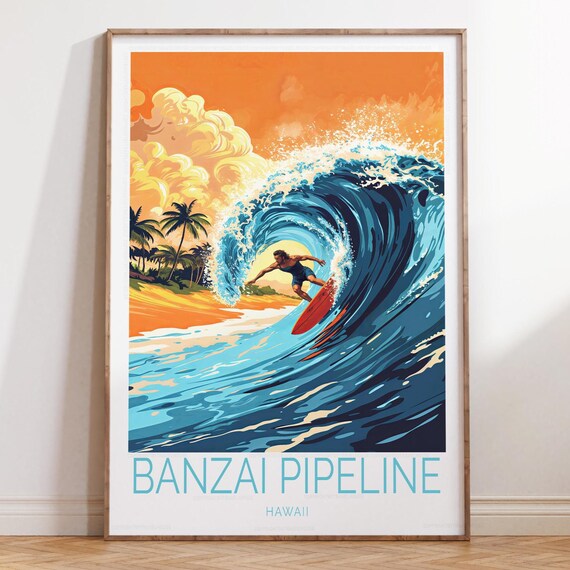 Banzai Pipeline Hawaii Sunset Surf Barrel Wave Art Travel Poster