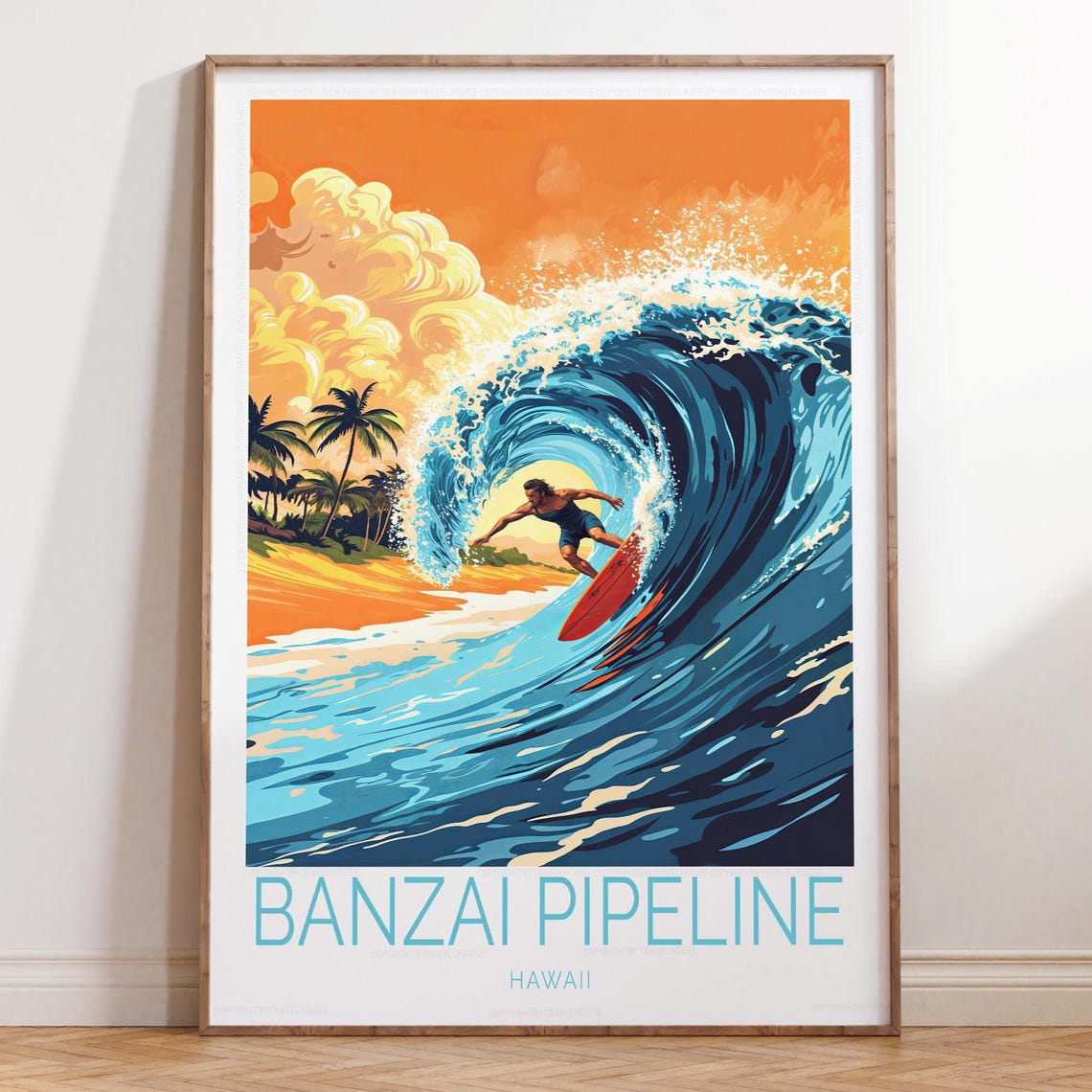 Banzai Pipeline Hawaii Sunset Surf Barrel Wave Art Travel Poster