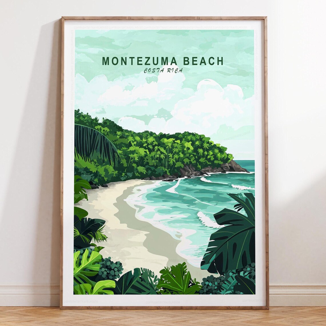 Montezuma Beach Costa Rica Lush Tropical Cove Vintage Travel Poster