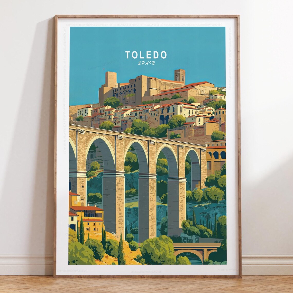 Toledo Spain Stone Aqueduct Hilltop Old Town Skyline Travel Poster