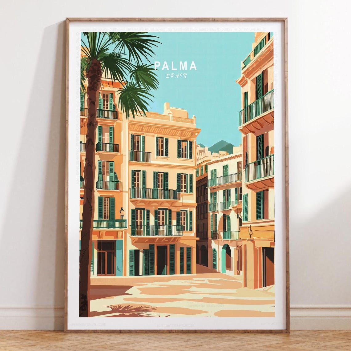 Palma Spain Sunny Plaza Shuttered Balconies View Travel Poster