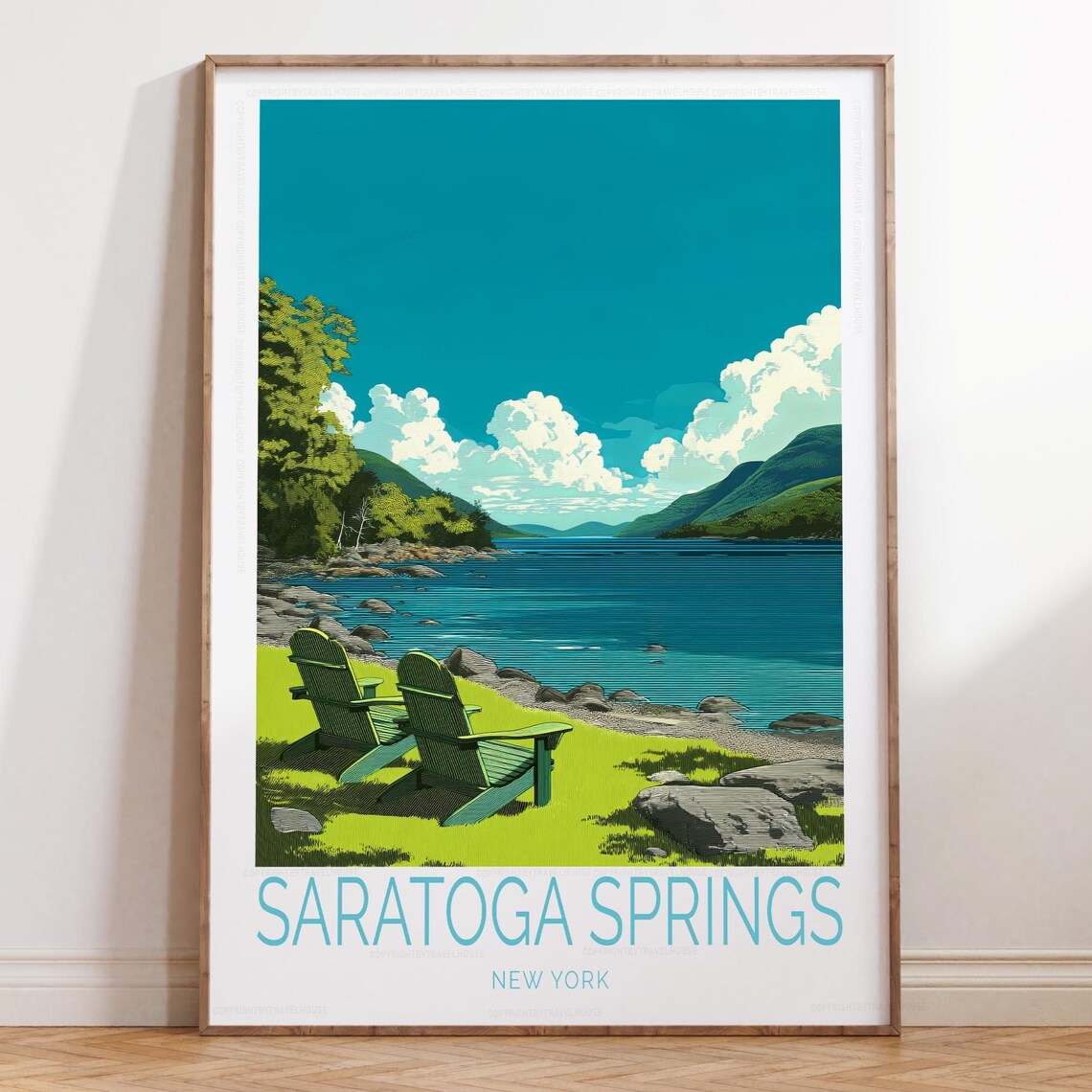 Saratoga Springs New York Lakefront Adirondack Chairs Travel Poster