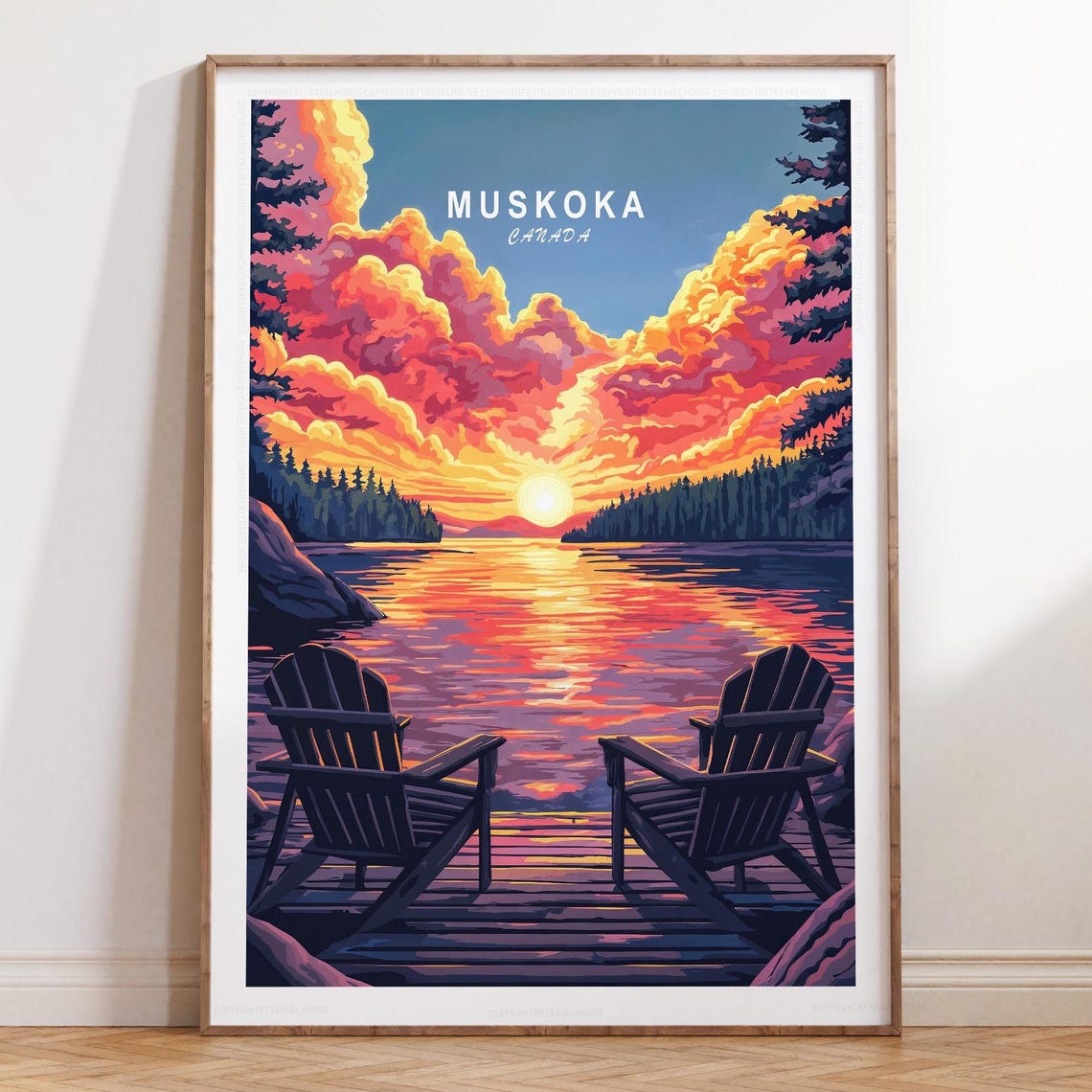 Muskoka Canada Sunset Lake Dock With Adirondack Chairs Poster