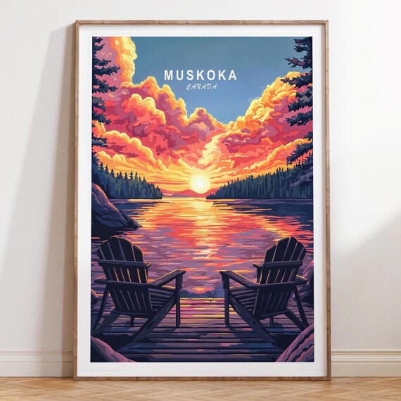 Muskoka Canada Sunset Lake Dock With Adirondack Chairs Poster