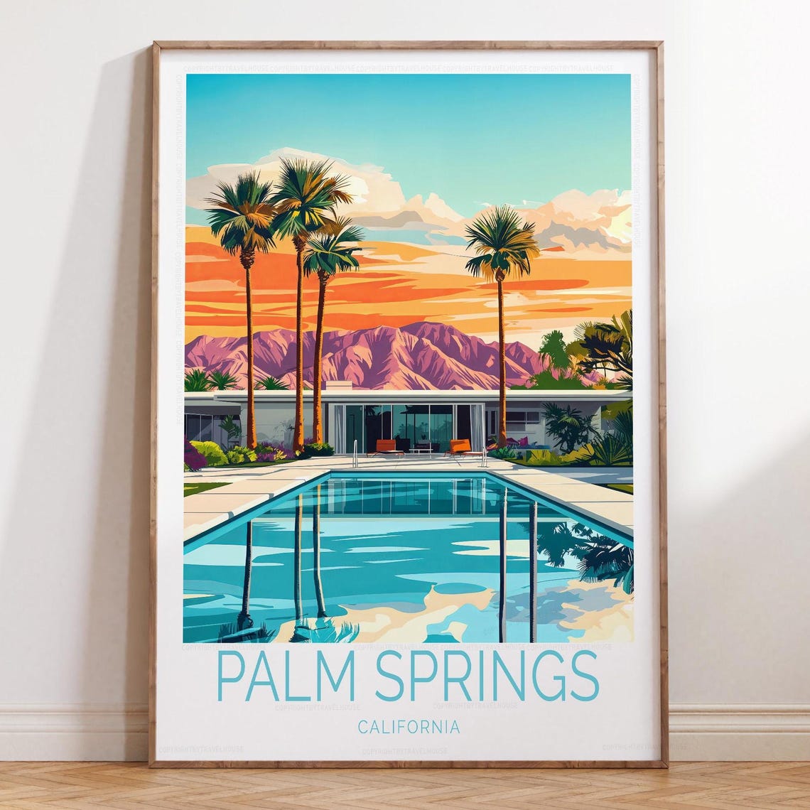 Palm Springs California Sunset Swimming Pool Villa Palm Tree Poster