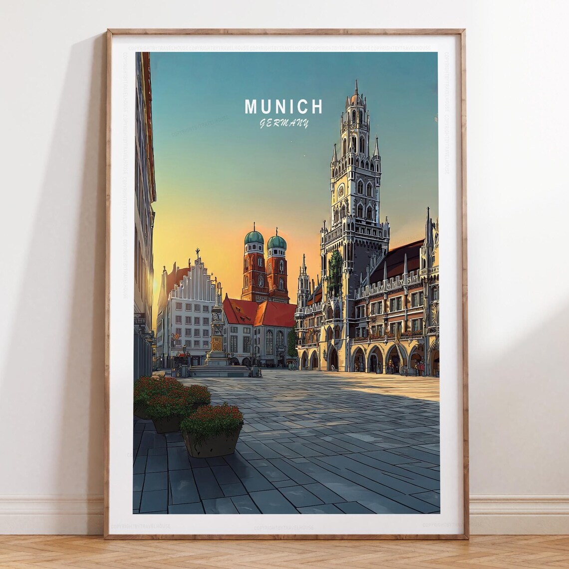 Munich Germany Marienplatz Golden Hour Skyline Travel Poster