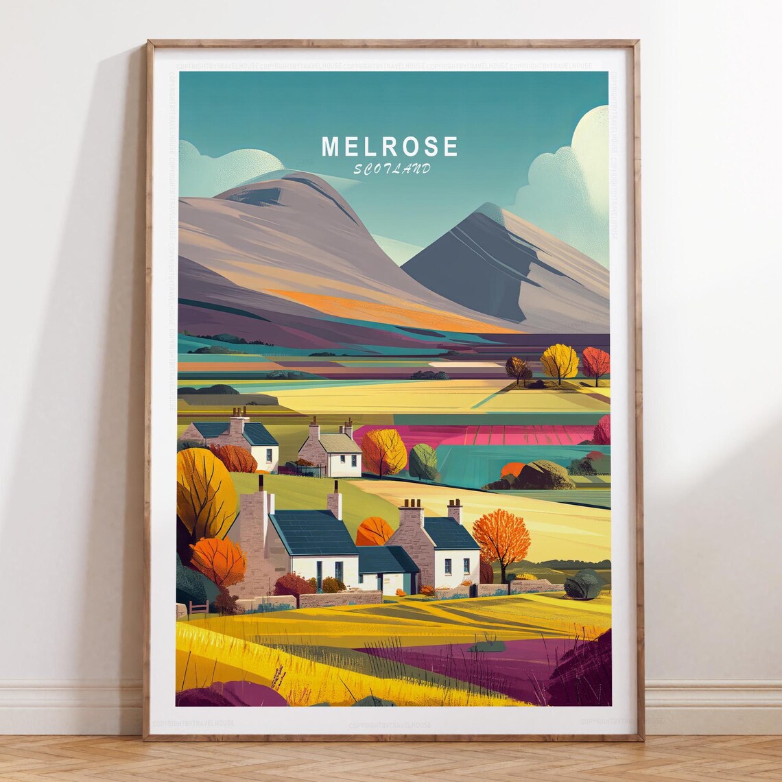 Melrose Scotland Autumn Valley Village Hills Vintage Travel Poster
