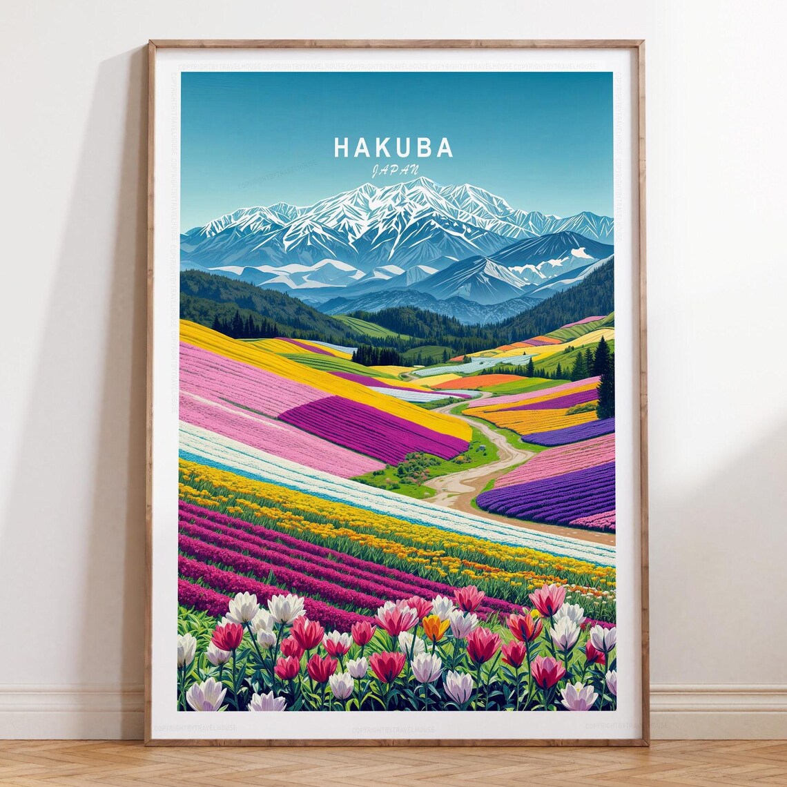 Hakuba Japan Snowy Peaks Colorful Tulip Fields Travel Poster