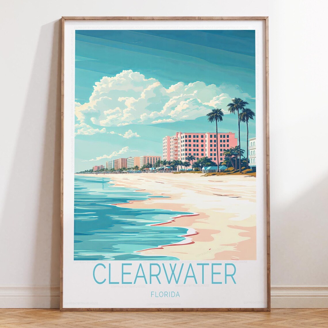 Clearwater Florida Pastel Beach Oceanfront Hotels Travel Art Poster