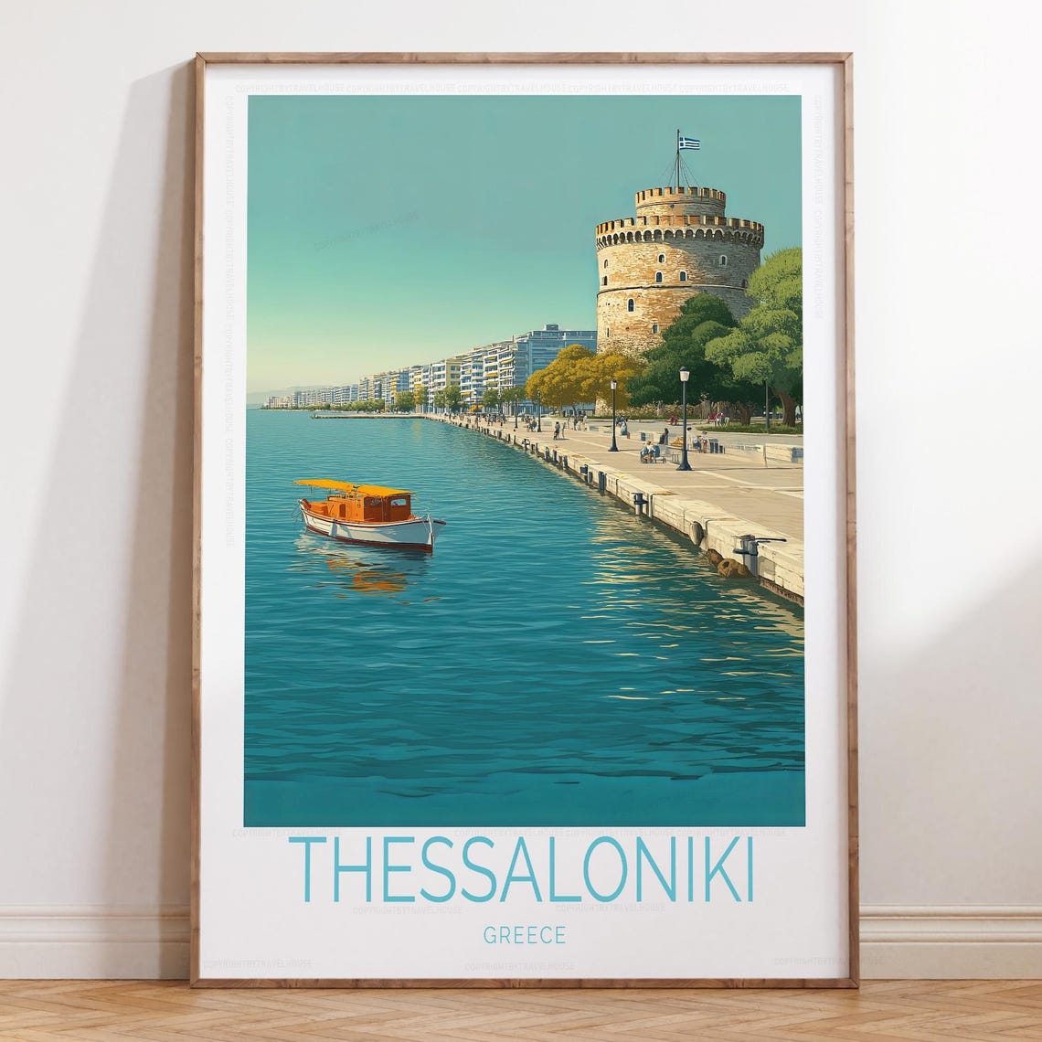 Thessaloniki Greece Harbor Boat With White Tower View Poster
