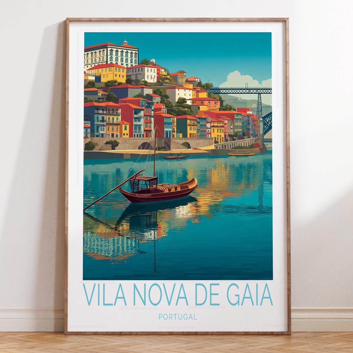 Vila Nova de Gaia Portugal Bridge and Wine Boats Scenic Travel Poster