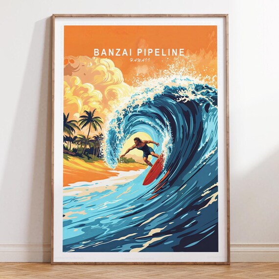 Banzai Pipeline Hawaii Orange Sunset Surf Wave Travel Art Poster