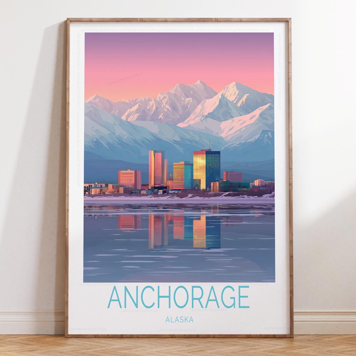 Anchorage Alaska Pink Dusk City Skyline Waterfront Travel Poster