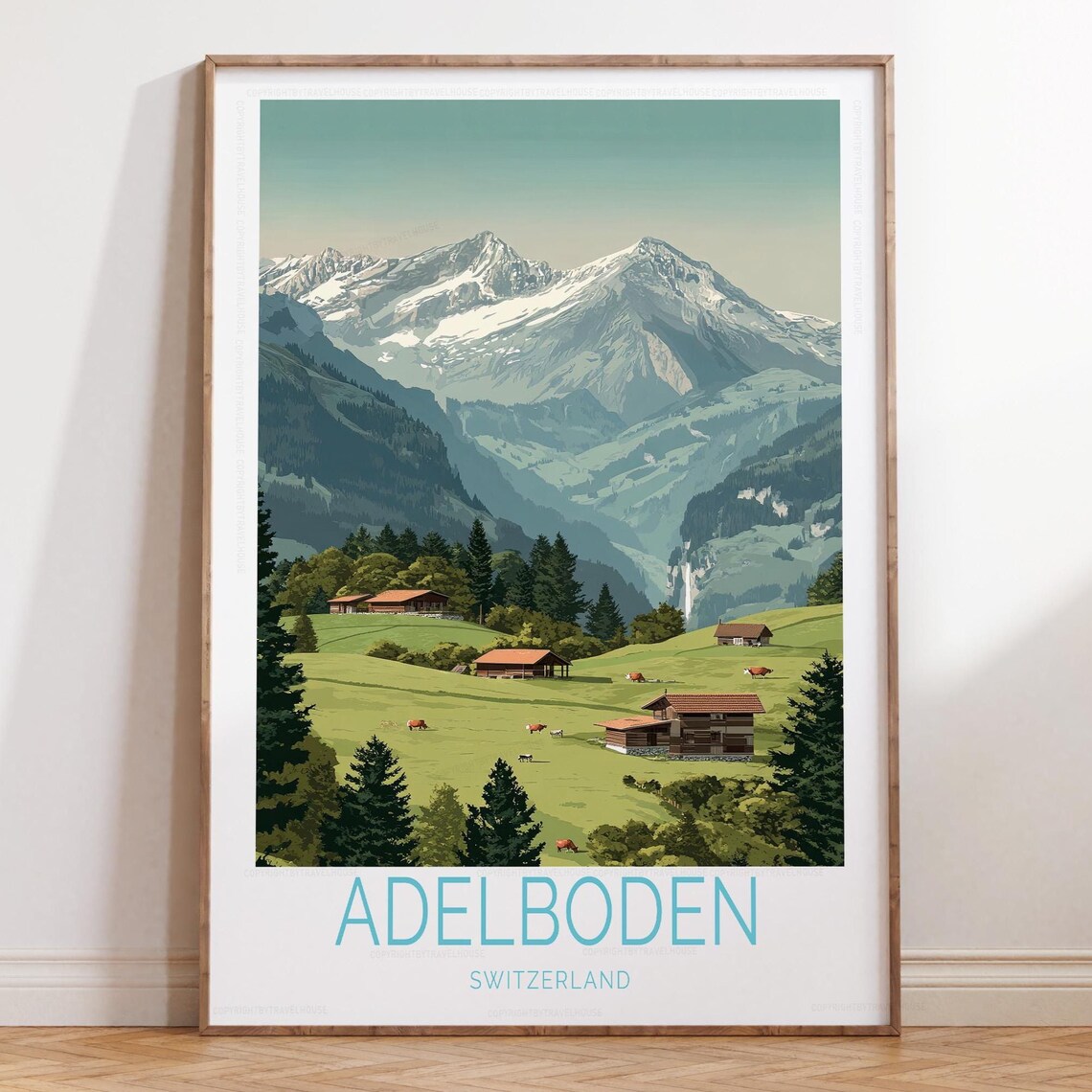 Adelboden Switzerland Alpine Meadow Chalets Mountain Poster Art