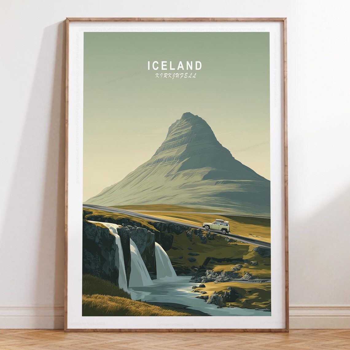 Iceland Kirkjufell Mountain Waterfall Illustrated Travel Poster