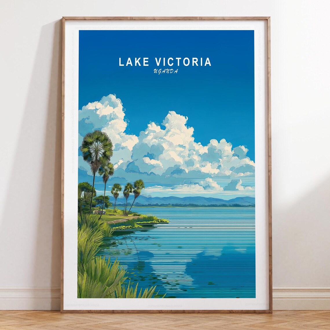 Lake Victoria Uganda Golden Palms Mountain Horizon Travel Poster