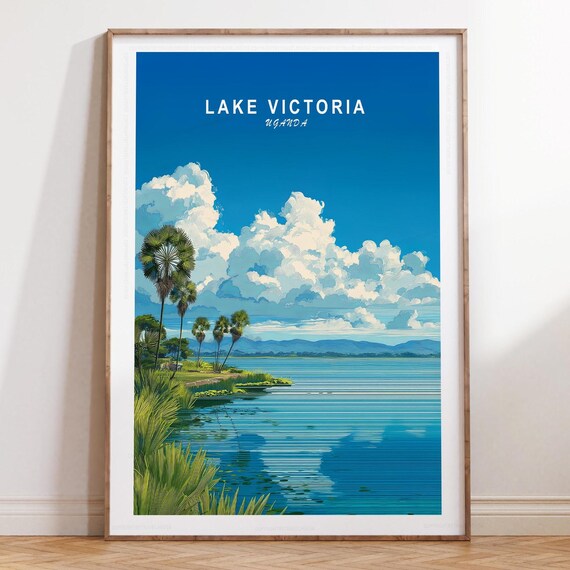 Lake Victoria Uganda Golden Palms Mountain Horizon Travel Poster