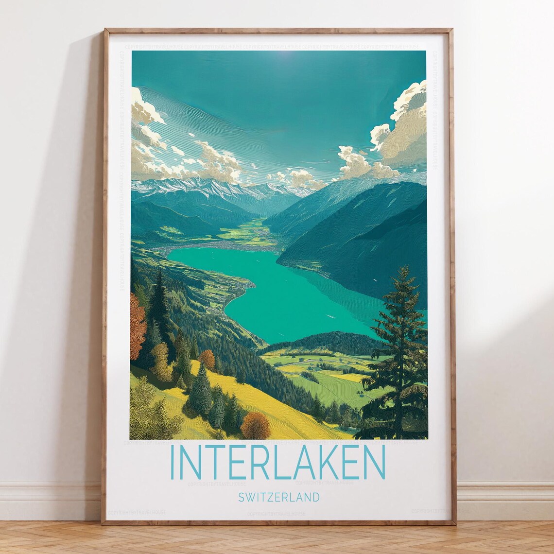 Interlaken Switzerland Turquoise Lake Valley Travel Scene Poster