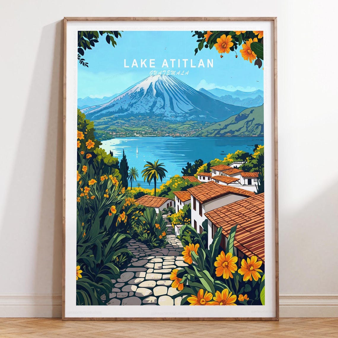 Lake Atitlan Guatemala Volcano and Village Lakeside Travel Poster