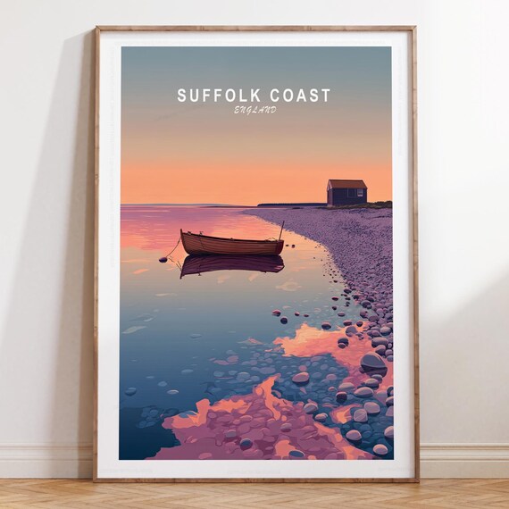 Suffolk Coast England Sunset Boat Shoreline Travel Gift Poster