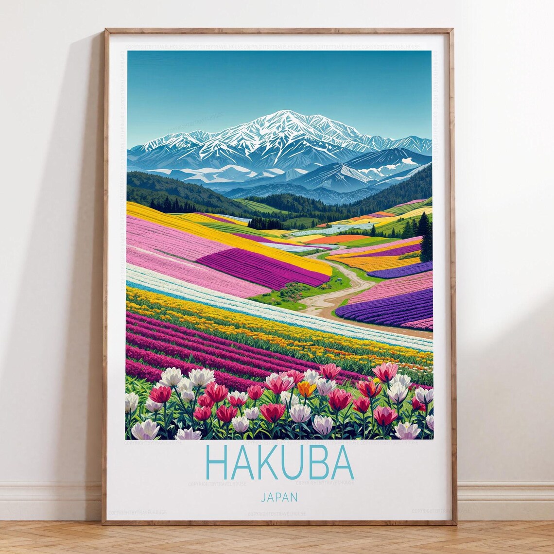 Hakuba Japan Rainbow Flower Fields and Snowy Mountain Travel Poster
