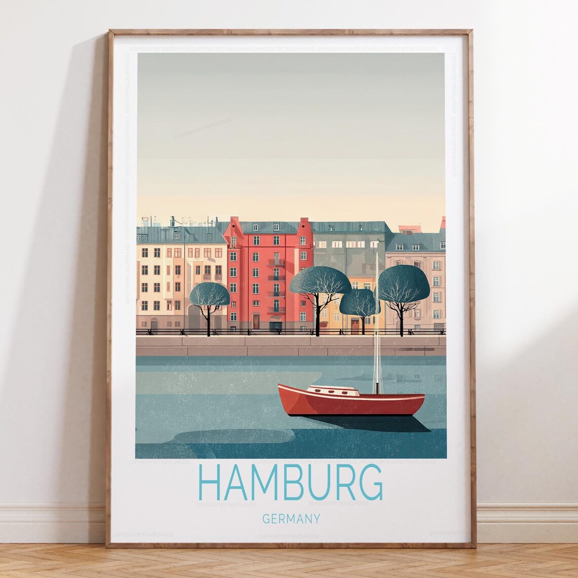 Hamburg Germany Waterfront Red Boat Classic Minimalist Travel Poster