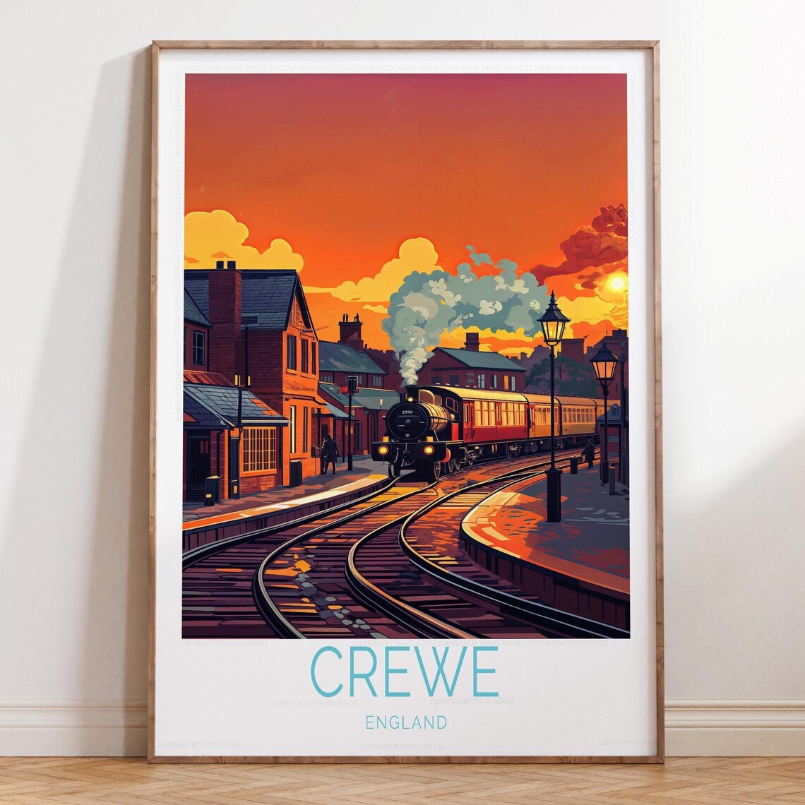 Crewe England Vintage Poster with Steam Train at Sunset Station