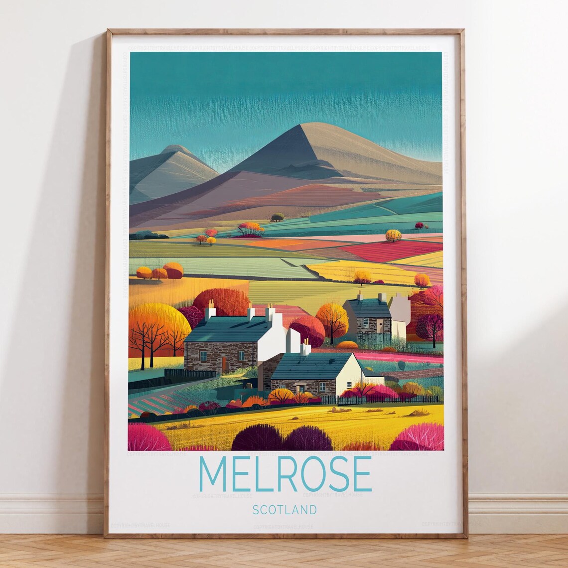 Melrose Scotland Stone Cottages Golden Fields Valley Travel Poster