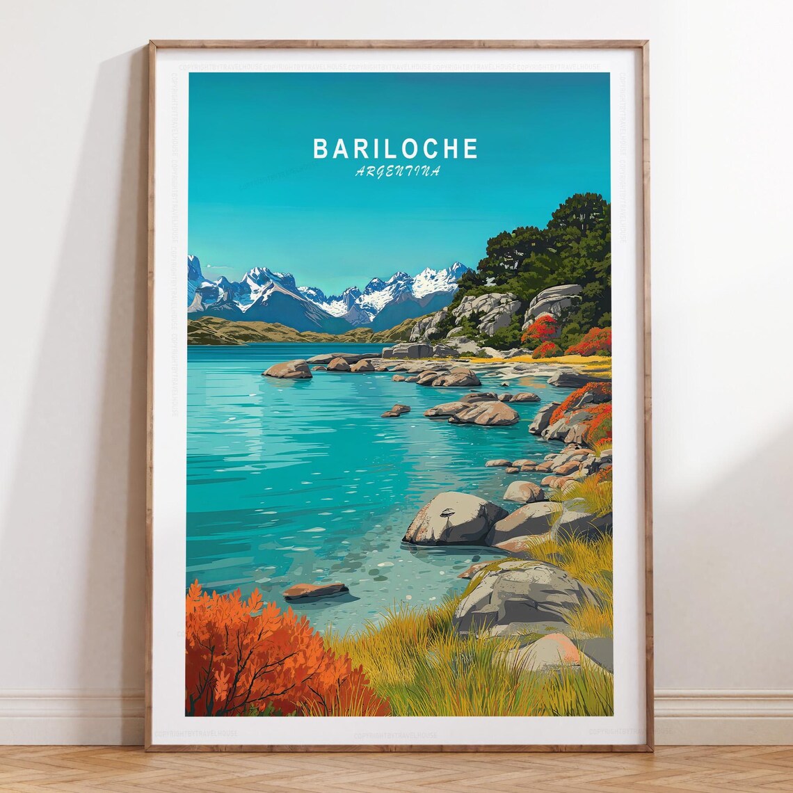 Bariloche Argentina Travel Poster Wide Lake Panorama Rocky Shores
