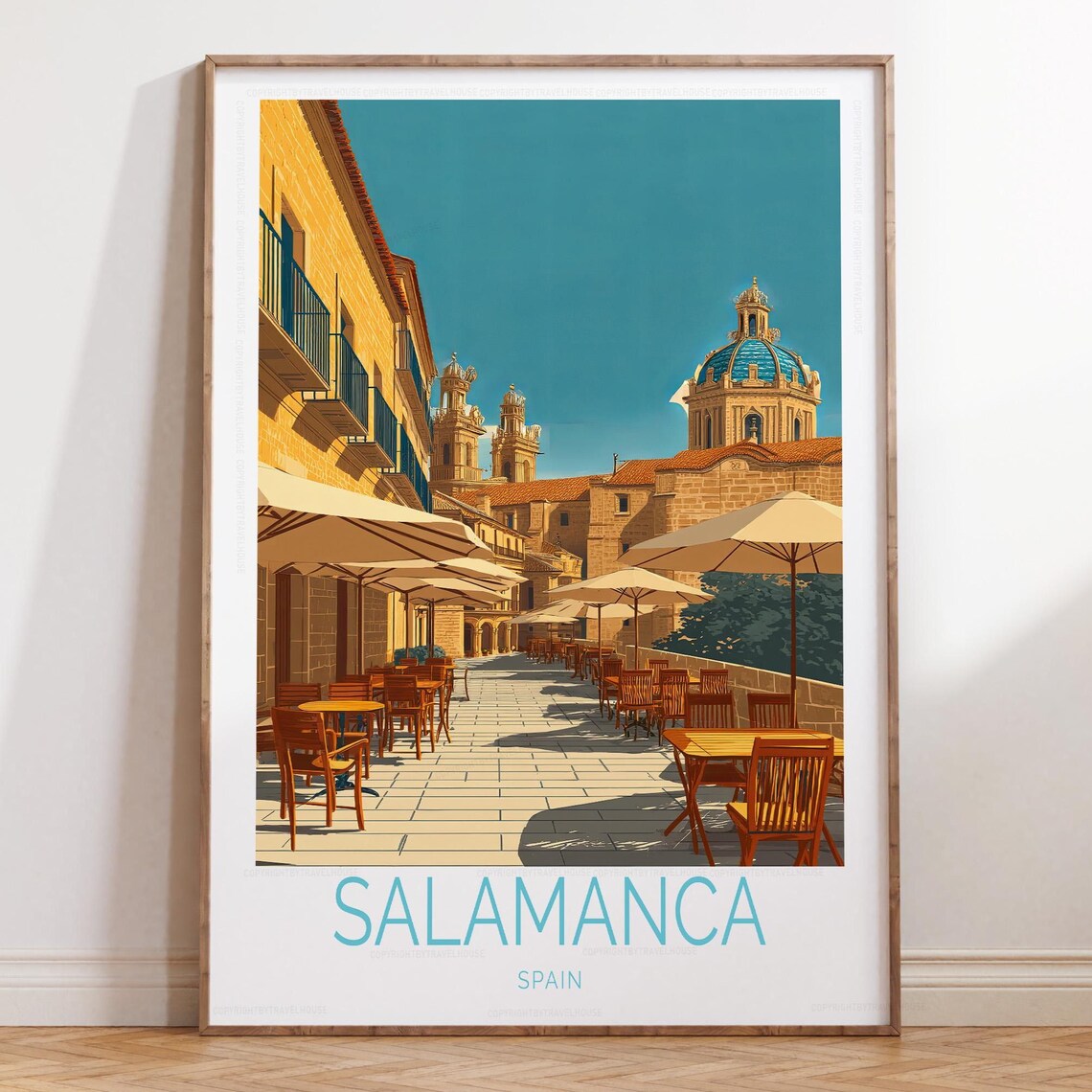 Salamanca Spain Sunny Cafe Terrace With Cathedral Dome Poster