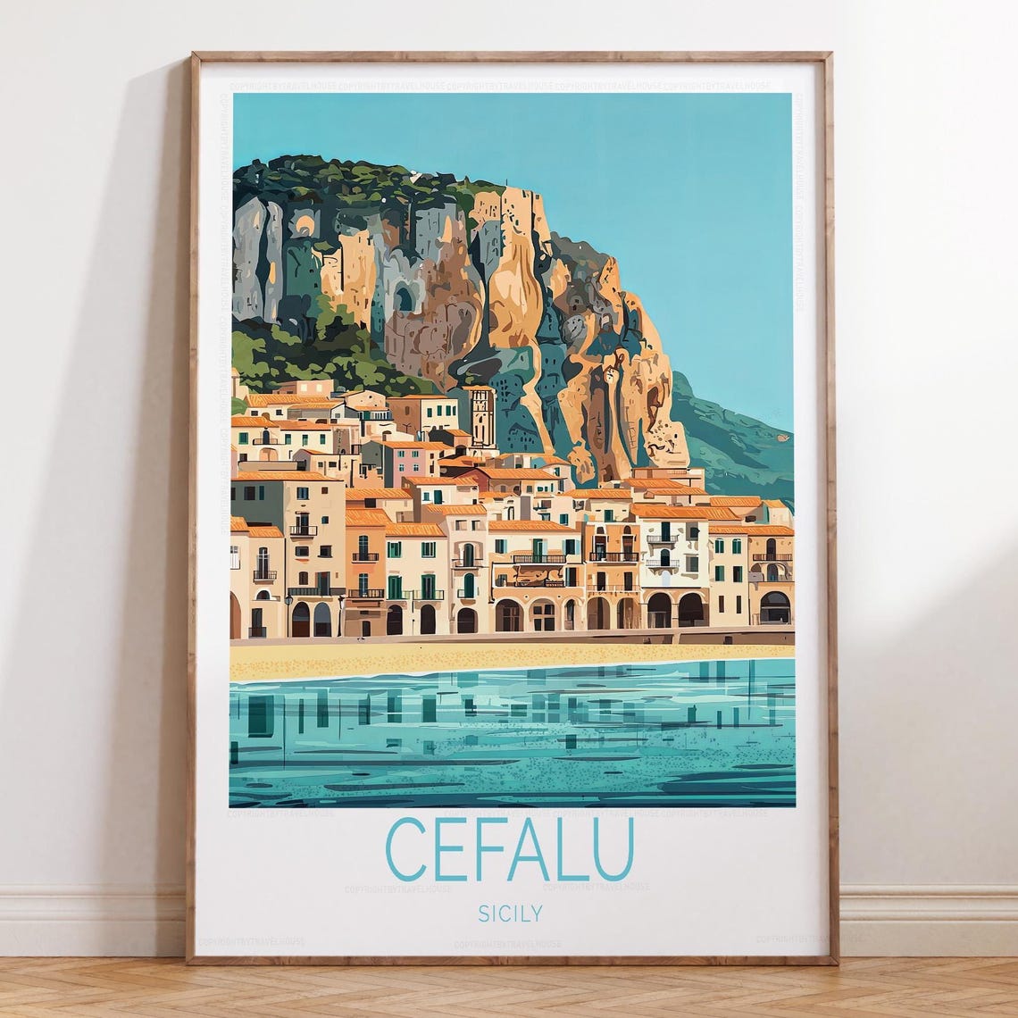 Cefalu Sicily Coastal Cliffs Waterfront Old Town Travel Poster