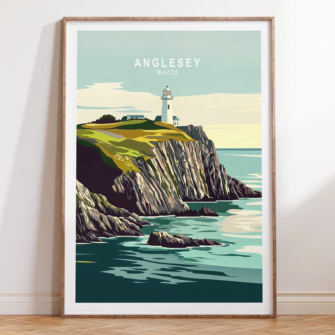 Anglesey Wales Minimalist Lighthouse Cliff Seascape Travel Poster