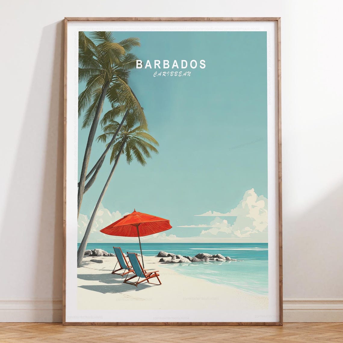 Barbados Caribbean Beach Palm Trees Red Umbrella Travel Poster