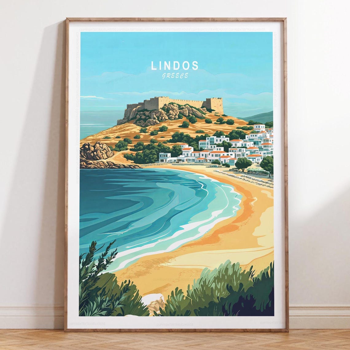 Lindos Greece Whitewashed Village Acropolis Bay Sunset Travel Poster
