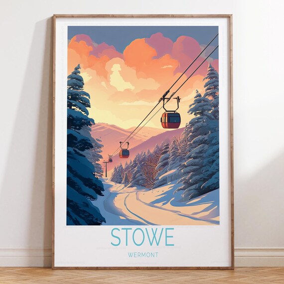 Stowe Vermont Gondola Ride Over Snowy Sunset Ski Slope Poster