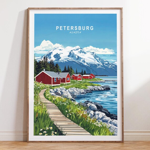 Petersburg Alaska Red Cabins Wildflowers Boardwalk Mountain Poster