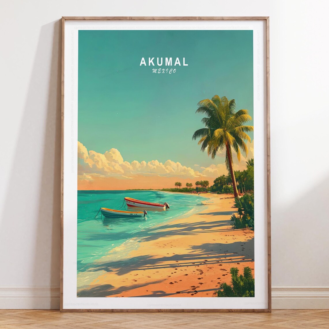Akumal Mexico Minimalist Beach Two Boats Retro Travel Poster