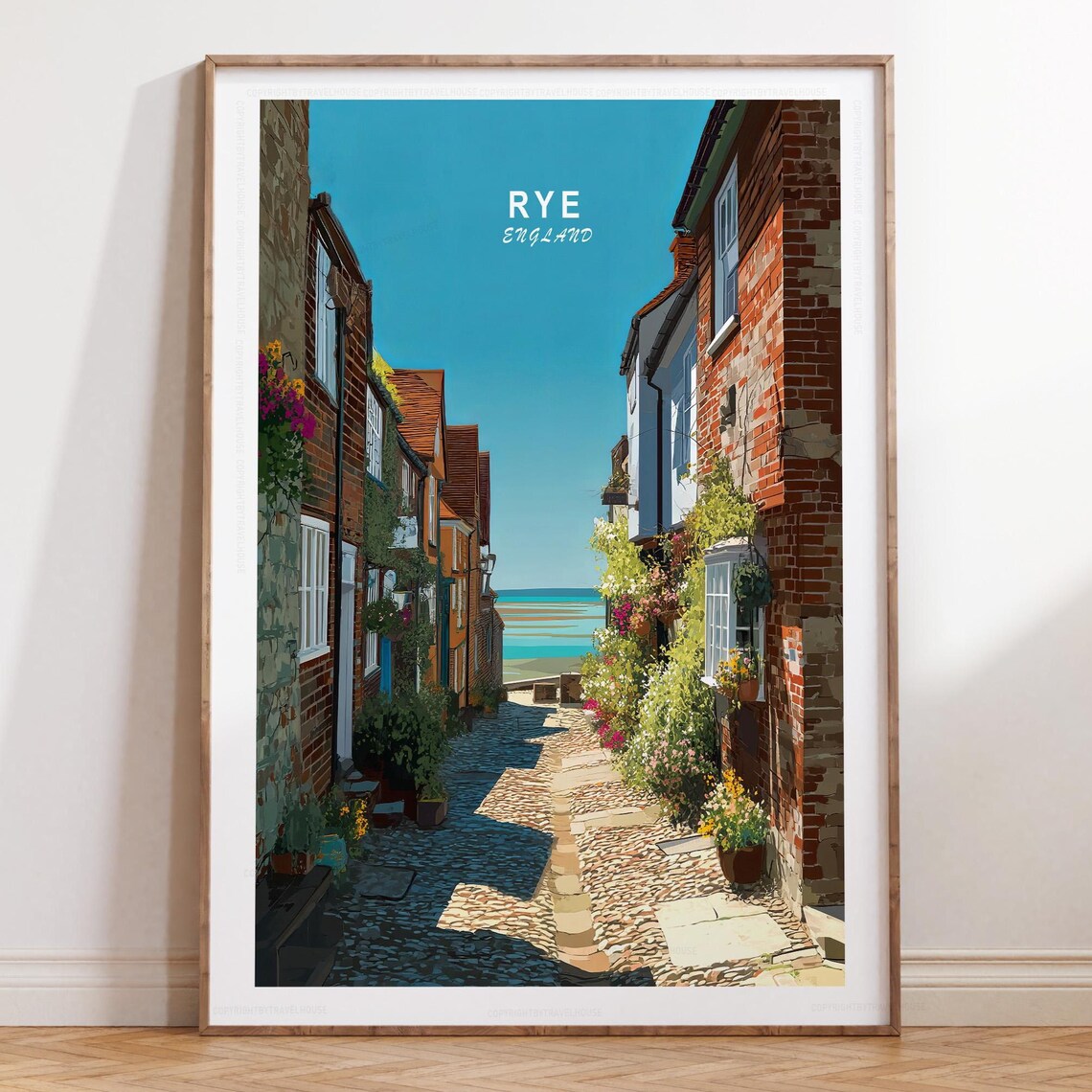 Rye England Whitewashed Cobblestone Alley To The Sea Travel Poster