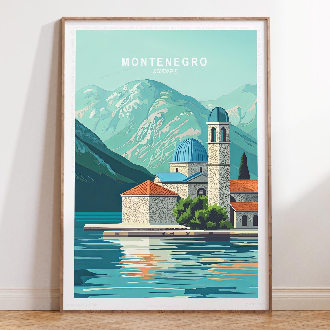 Montenegro Island Church With Blue Domes On Bay Of Kotor Travel Poster