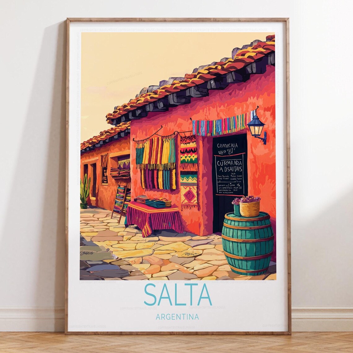 Salta Argentina Adobe Textile Market Flower Street Scene Poster