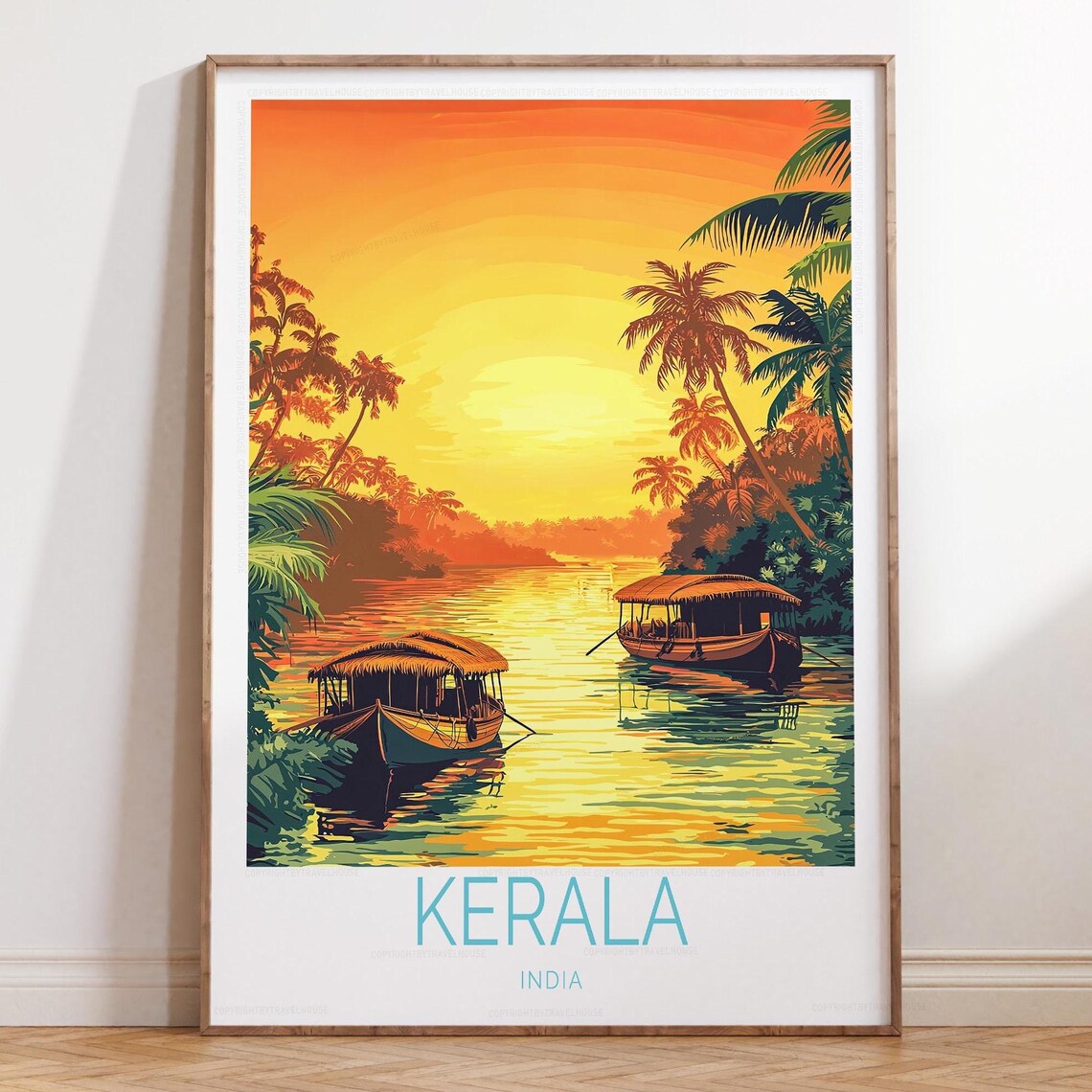 Kerala India Backwater Sunset Houseboats Palm Trees Travel Poster