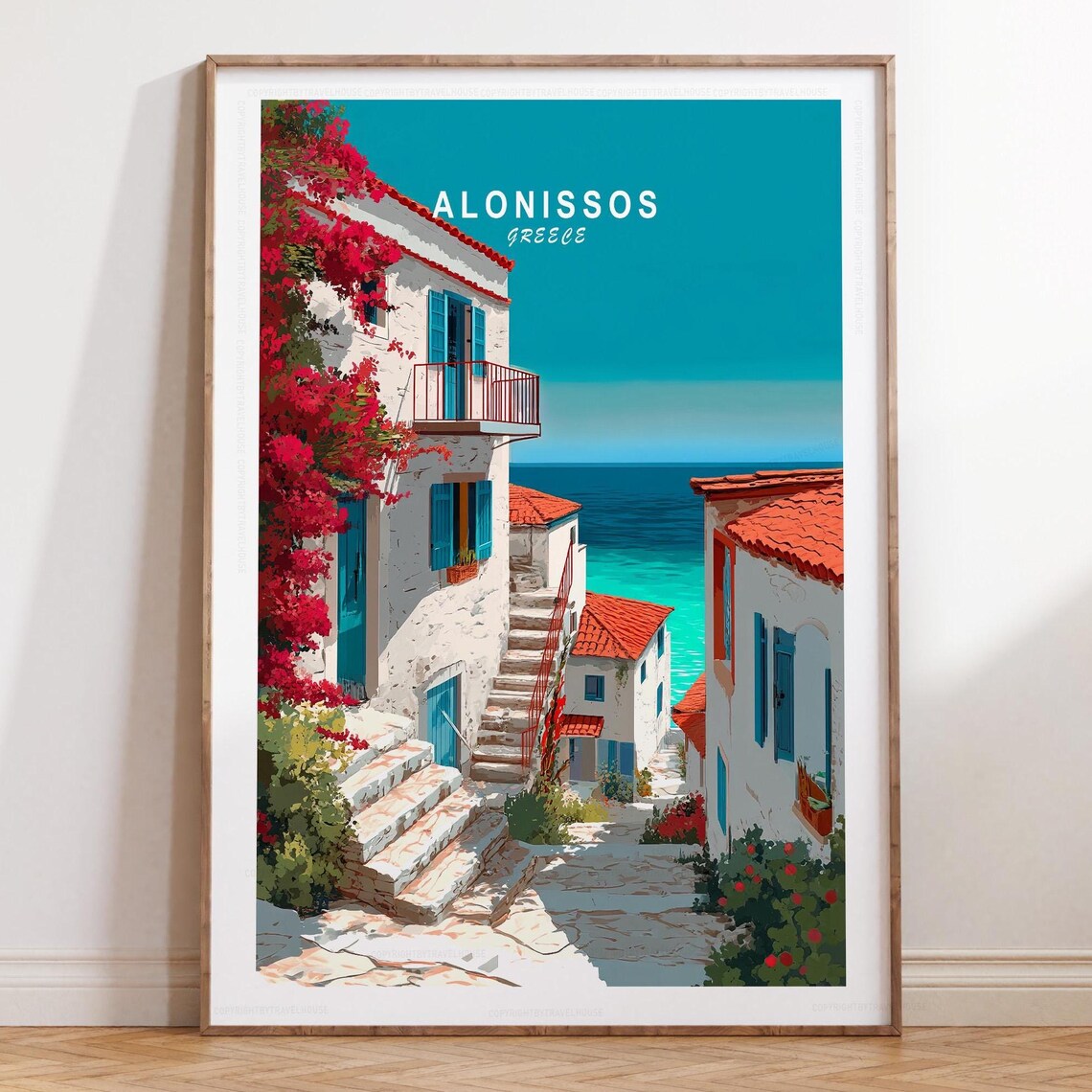 Alonissos Greece Sunny Alley Travel Poster With Turquoise Sea Art