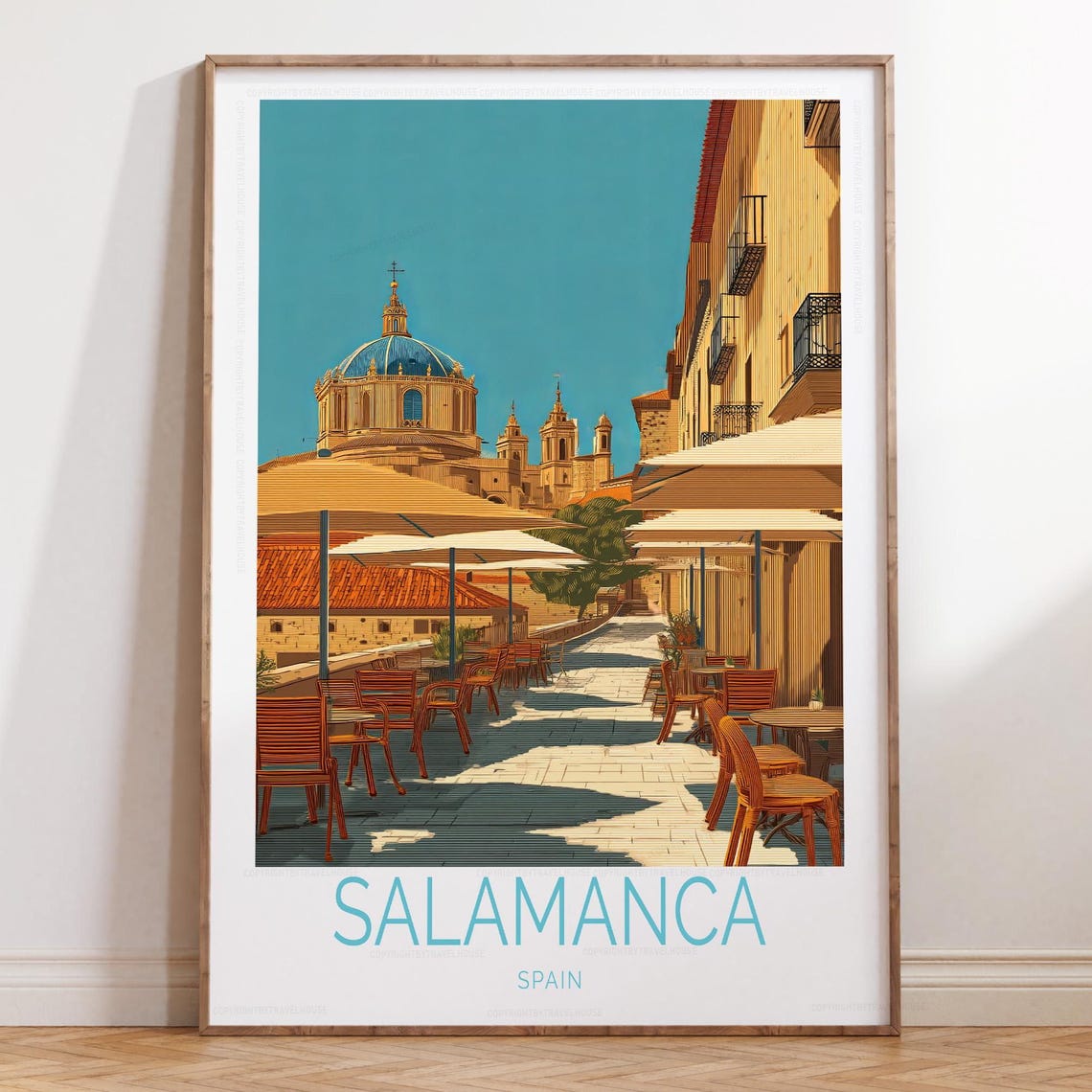 Salamanca Spain Historic Cafe Street With Blue Cathedral Dome Print