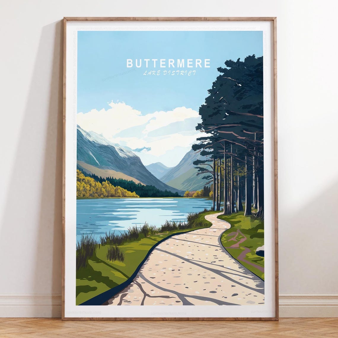 Buttermere Lake District Sunlit Trail Dark Pines Travel Poster