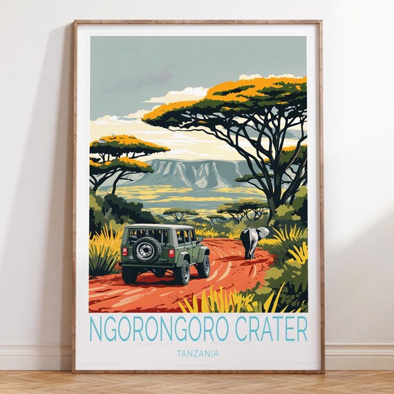 Ngorongoro Crater Tanzania Safari Jeep Sunset Wildlife Travel Poster
