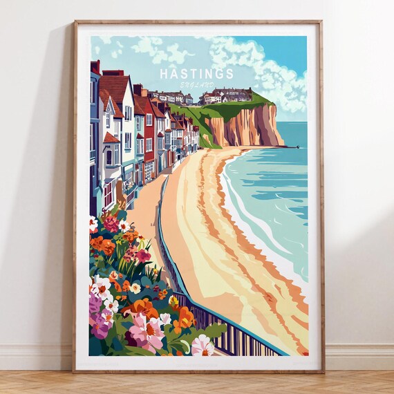 Hastings England Old Town Beachfront Houses Seaside Travel Poster