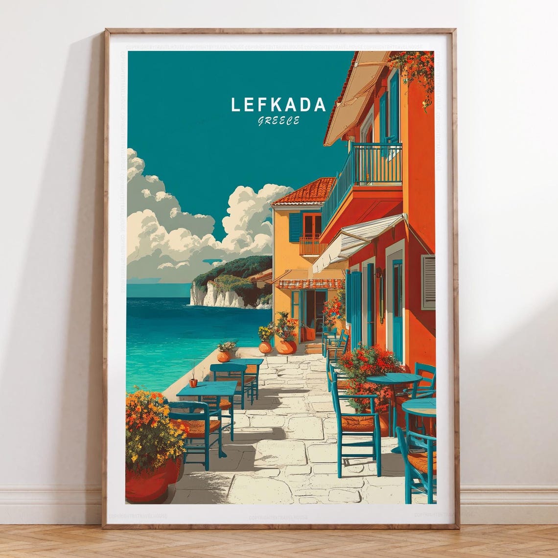 Lefkada Greece Seaside Cafe Terrace Overlook Scenic Travel Poster