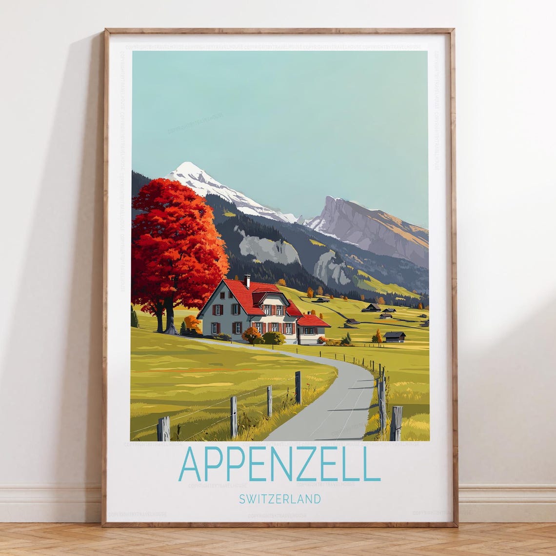 Appenzell Switzerland Autumn Chalet With Red Maple Trees Poster
