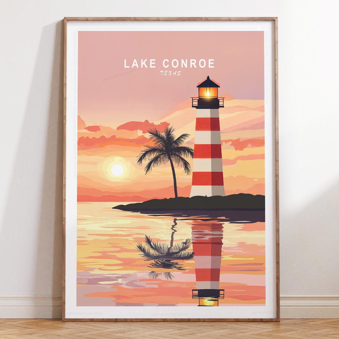 Lake Conroe Texas Sunset Lighthouse Palm Reflection Travel Poster